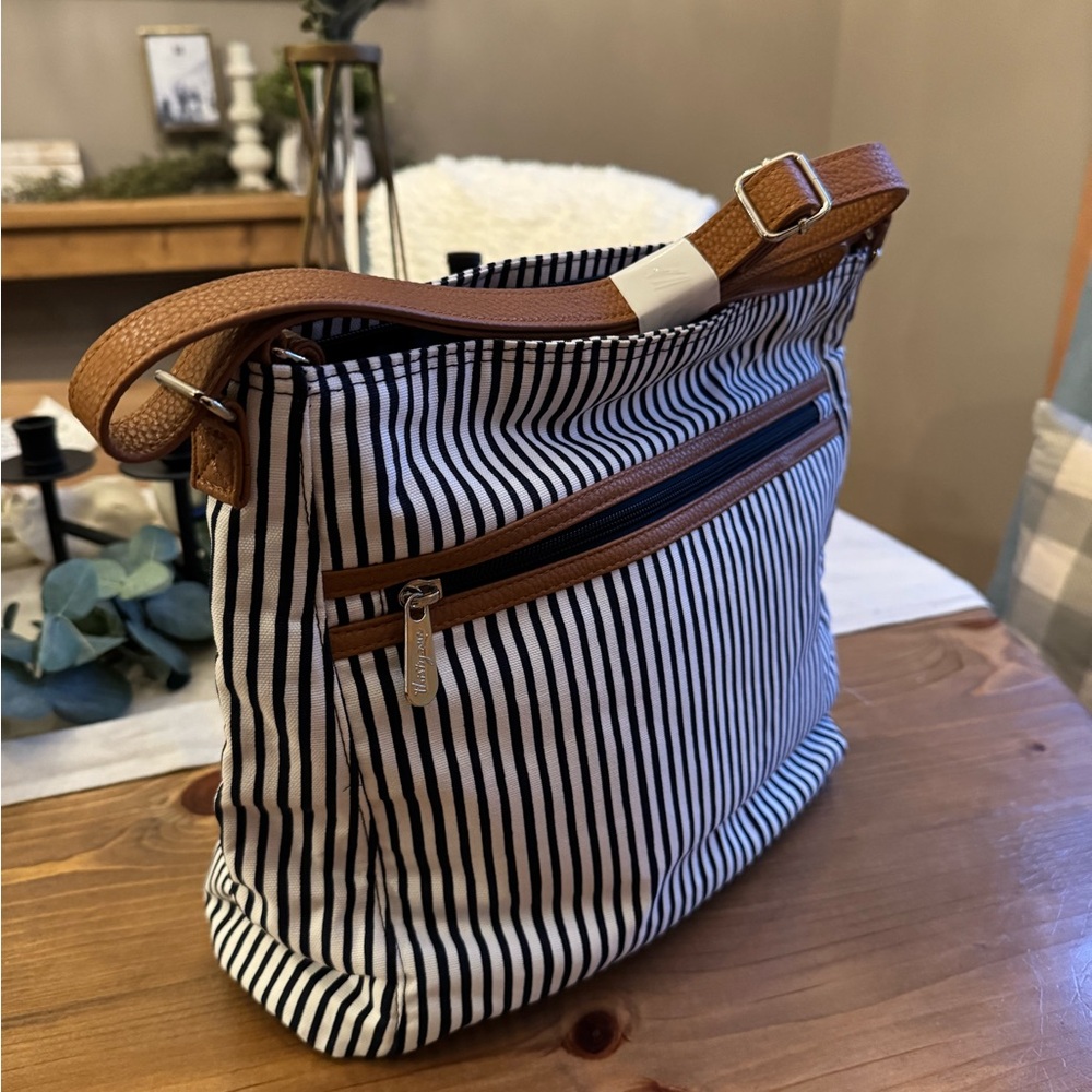 NWT - Thirty One Everything Crossbody Shoulder Bag in Navy Pinstripe